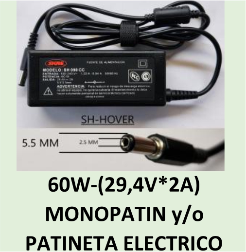 CARGADOR PATINETAS ELECTRICAS SH-HOVER 60W 49.4V/2A 5.5X2.5MM SHURE - CARGADOR10004